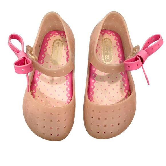 Mini Melissa Mary Jane with Pink bow on the side Velcro to close 7 - Picture 1 of 6